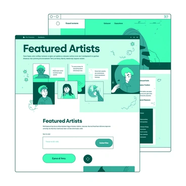 A layout of a website homepage presents a clean and organized design for an illustration agency. The background is composed of alternating sections in a teal and white color scheme. At the top of the page, there is a large "Featured Artists" title prominently displayed in bold text. Below the title, a grid layout features several artist profiles, each showcased in a rectangular box with rounded corners. Each box contains a circular portrait of the artist against a contrasting color background, either teal or white. Accompanying each portrait, there are short descriptions of the artists' styles in smaller text. Scattered throughout the homepage are thumbnails of various illustrations created by the featured artists, showcasing their unique talents. At the bottom of the page, there is a subscription form for news and updates, with a large "Subscribe" button in a teal hue.