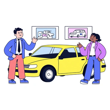 A car salesman stands beside a shiny new vehicle in a dealership showroom. The salesman is wearing a neat suit and has a friendly expression. He gestures towards the car, pointing out its features. The customer, a smiling person wearing casual clothing, looks impressed and is leaning slightly towards the car. The vehicle has a sleek design with bright paint and large tires. There are banners and posters in the background promoting different car models.