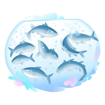 A vibrant school of herring is swimming together in crystal-clear ocean water. The herring are depicted in a flurry of movement, their silvery bodies catching the light as they twist and turn. The water is a gradient of soft blues and greens, enhancing the clarity of the scene. Sunlight filters through the surface, creating shimmering effects around the fish. Small bubbles rise to the surface, adding a sense of life to the underwater environment. Surrounding the school are occasional bits of coral and seaweed, providing texture to the ocean floor.