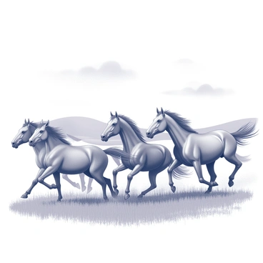 A group of horses galloping vigorously across an open pasture. The horses exhibit various breeds and sizes, showcasing their muscular bodies and flowing manes. The foreground is filled with lush grass that sways gently in the breeze. In the background, there are distant rolling hills that outline the horizon. Above, the sky is expansive with a few soft, fluffy clouds scattered throughout. The scene captures the energy and grace of the horses in motion.