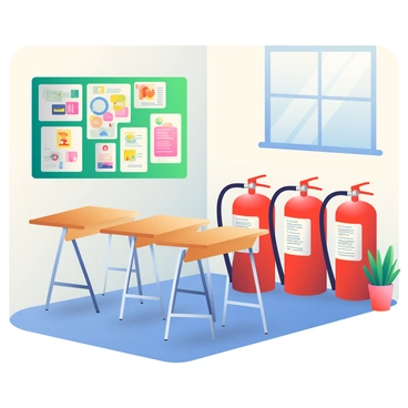 A classroom corner features several red fire extinguishers lined up against the wall. Each extinguisher displays its distinct label and instructions. To the left, there is a bulletin board filled with colorful artwork and educational posters. The floor is covered with a blue carpet, and there are wooden desks arranged in front of the extinguishers. Sunlight filters through a window, illuminating the space and casting subtle shadows on the floor. A potted plant sits in the corner, adding a touch of greenery to the environment.