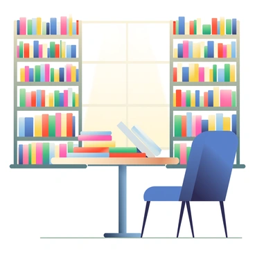 A spacious library features tall bookshelves filled with an array of books that are uniquely shaped like colorful pills. The books are positioned neatly on the shelves, showcasing their vibrant hues of red, blue, yellow, and green. In the center of the library, a large, round table made of light wood holds a few open pill-shaped books, inviting readers to explore their contents. Soft, warm lighting illuminates the space, creating a cozy atmosphere for reading and studying. A comfortable chair, upholstered in deep blue fabric, is positioned next to the table, ready for use.