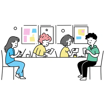 A group of three students sitting at a large, rectangular table in a bright modern art classroom. The first student, a girl with long brown hair, is focused on her tablet, drawing with a stylus. She is wearing a blue t-shirt and jeans. The second student, a boy with short black hair, is leaning forward, looking at his screen, dressed in a green hoodie and black pants. The third student, a girl with curly red hair, is showing her tablet to the others, wearing a yellow dress. The walls of the classroom are adorned with colorful abstract artwork. There are art supplies and sketchbooks scattered on the table.