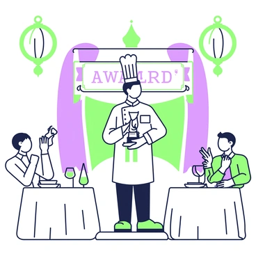 A chef is standing proudly on a small stage in a lavish dining hall while receiving an award for "culinary excellence." The chef is wearing a white chef's jacket adorned with a name tag and a tall white hat. In the chef's hands, there is a shiny trophy, and a ribbon hangs down from it. Surrounding the chef are elegantly set tables with white tablecloths, fine china, and glimmering silverware. Large chandeliers hang from the ceiling, casting soft light over the scene. Guests are seated at the tables, clapping and smiling in celebration. A banner is draped across the back of the stage, displaying the award title in bold letters.