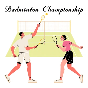 A vintage poster featuring a badminton match between two retro-style players. One player, a man wearing a classic white tee and short shorts, is poised to hit the shuttlecock with a wooden racket. The other player, a woman dressed in a knee-length dress with a headband, is ready to return the shot. The background includes an old-fashioned badminton court with a net, and the color palette features muted tones to emphasize the vintage feel. "Badminton Championship" is prominently displayed at the top in an elegant font.