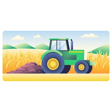 A large green tractor with big wheels is plowing through a vast golden wheat field. The tractor is in motion, with soil being turned up in the wake of its path. The wheat stalks are tall and sway gently in the breeze, reflecting the sunlight. Above, the sky is clear and blue, with a few fluffy white clouds scattered throughout. In the distance, there are rolling hills partially covered by the golden wheat, creating a sense of depth in the landscape.