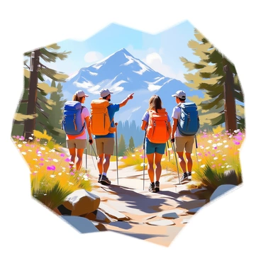 A group of five adults is hiking along a scenic mountain trail, surrounded by towering pines and rugged mountain peaks. Two men and three women are dressed in outdoor gear, including backpacks and sturdy boots. The trail is narrow and winding, with patches of wildflowers blooming along the sides. In the background, the mountains rise majestically under a clear blue sky, casting shadows on the forest below. One of the women points towards a distant view while the others pause to take in the scenery. Sunlight filters through the trees, creating dappled light on the trail.