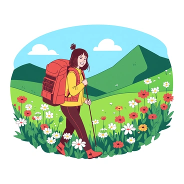 A backpacker wearing a yellow jacket and a red backpack is strolling through a vibrant alpine meadow. The meadow is filled with a variety of wildflowers in multiple colors, creating a lively scene. The backpacker has a content smile as they take in the beauty of their surroundings. In the background, green hills rise gently, and a clear blue sky enhances the brightness of the colors in the meadow. A gentle breeze moves through the flowers, adding a sense of motion to the scene.