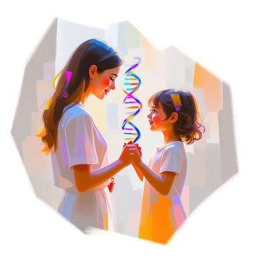 A mother with long brown hair and a warm smile is standing beside her young child, a girl with curly hair and bright eyes. They are holding hands, their connection visually emphasized by glowing DNA strands that intertwine between them, representing epigenetic inheritance. The background features soft, abstract colors that suggest warmth and unity, enhancing the bond depicted in the image. The mother's expression is caring and nurturing while the child looks up at her with admiration.