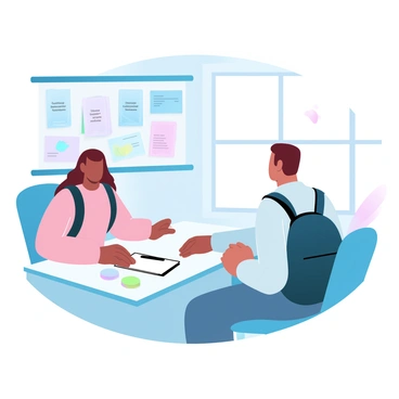 A school counselor is seated at a desk, facing a student who is seated across from them. The counselor has a notepad and a pen in front of them, with colorful sticky notes scattered on the desk. The student, wearing a backpack, leans slightly forward, showing engagement in the conversation. Behind them is a bulletin board filled with motivational posters and college brochures. The room is filled with warm, inviting pastel colors. A large window lets in soft light, illuminating the space.