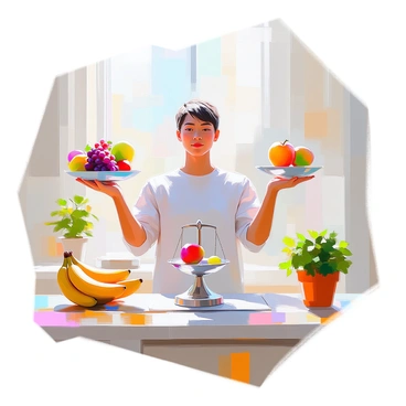 A person balancing a healthy lifestyle by juggling fruits and a scale
