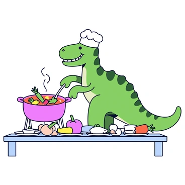 A dinosaur with green scales and a large, friendly smile is wearing a white chef's hat. The dinosaur stands in a kitchen, stirring a colorful vegetable stew in a large pot. There are various fresh ingredients like carrots, onions, and bell peppers scattered around. In the background, a small table is set for a gathering, adorned with plates and utensils. The atmosphere suggests a cozy meal is about to be shared among friends.