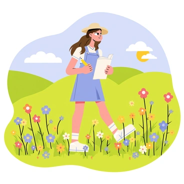A young girl with long brown hair, wearing a light blue dress and a straw hat, is exploring a vibrant meadow filled with blooming wildflowers in various colors. She has a sketchbook held in one hand and a pencil in the other, gazing thoughtfully at the surroundings. The sun is shining brightly, casting soft shadows on the ground. In the background, there are rolling hills and a clear blue sky dotted with fluffy white clouds, enhancing the sense of a peaceful and creative atmosphere.