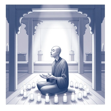 A monk sitting in a meditative pose on a wooden floor within a temple. The monk is clad in traditional robes, eyes closed, with a serene expression. Surrounding the monk are numerous candles arranged in a circular pattern, casting soft shadows on the walls. The temple features intricately carved wooden beams and is adorned with simple yet elegant decorations. Dim light permeates the atmosphere, enhancing the peaceful ambiance of the setting.
