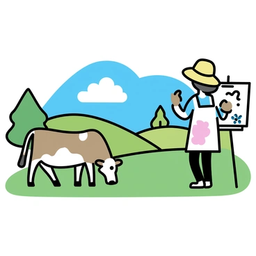 An artist, wearing a straw hat and a paint-splattered apron, stands on a grassy hill. He is focused on a canvas, depicting a brown cow grazing nearby. The cow has white patches on its body and is positioned in front of a vibrant green field. In the background, there are rolling hills and a blue sky dotted with fluffy white clouds. A few trees can be seen framing the scene, adding depth to the picturesque rural landscape.