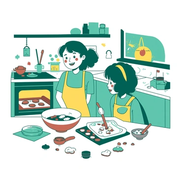 A teal babysitter with long hair is smiling while standing beside a small child wearing a yellow apron. They are both engaged in the process of baking cookies in a cheerful kitchen. The kitchen is filled with bright utensils and ingredients scattered across the countertop. A mixing bowl sits in front of them with a wooden spoon, and cookie dough is being shaped into fun figures by the child. The oven in the background has a yellow light glowing, indicating warmth, while a tray of cookies is waiting to be placed inside. Colorful decorations adorn the walls, adding to the cheerful atmosphere.