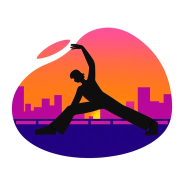 A black silhouette of a person in a pilates pose is positioned on a rooftop. The figure stretches gracefully against the backdrop of a vibrant sunset. The sky is filled with shades of orange, pink, and purple, creating a warm, glowing atmosphere. The outlines of city buildings can be seen in the distance, adding depth to the scene. The rooftop features a simple railing, and the person has one arm extended overhead while the other rests on their hip.