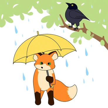 A playful orange fox with a bushy tail is standing on its hind legs, holding a bright yellow umbrella overhead. The umbrella is partially open, creating a shield from the droplets of rain falling around. The fox has curious green eyes and pointy ears perked up, gazing upwards. Above it, a black crow with glossy feathers is perched on a branch of a tree, looking down at the fox. The crow has a slightly tilted head, droplets of rain glistening on its feathers. The background features soft, blurred green leaves dripping with rain, creating a vibrant, lively scene.