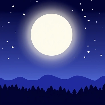 A moonlit night scene featuring a large, round full moon glowing brightly in the sky. The moon illuminates a landscape below, casting soft shadows. The background is filled with a deep blue sky sprinkled with white stars, twinkling softly. Silhouettes of distant trees can be seen at the bottom of the image, enhancing the tranquil atmosphere of the night.