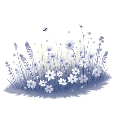 A sunlit meadow stretches out with an abundance of wildflowers in various shapes and sizes. The flowers are densely packed, creating a vibrant tapestry of blooms. Bees can be seen buzzing from flower to flower, their minuscule forms actively collecting nectar. The grassy ground is lush and textured, dotted with patches of green amidst the colorful flowers. A gentle breeze causes the flowers to sway, adding dynamic movement to the tranquil scene. The overall composition captures the natural beauty and liveliness of this meadow.