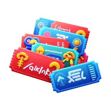 A collection of colorful amusement park tickets displayed together. Each ticket features distinct designs, showcasing various attractions like "roller coasters" and "ferris wheels." The tickets have vibrant colors such as bright reds, blues, and yellows. Each ticket is adorned with fun patterns and illustrations relevant to the amusement park theme. The overall arrangement is visually appealing, emphasizing the excitement of a day at the amusement park.