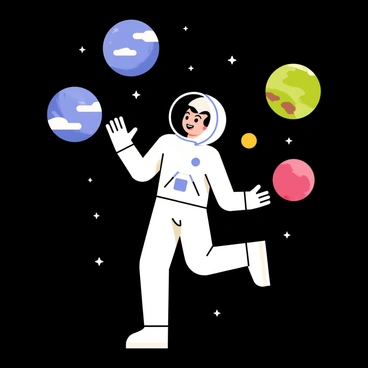 An astronaut floating in space juggling planets of different sizes