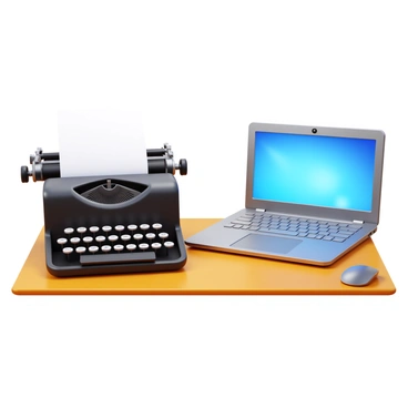 A vintage typewriter with a black body and round keys sits on a wooden table. Next to it, a sleek modern laptop with a silver casing is open, displaying a bright screen. The typewriter has a sheet of white paper loaded in it, while the laptop is connected to a wireless mouse. Soft lighting highlights the contrast between the classic design of the typewriter and the contemporary look of the laptop.