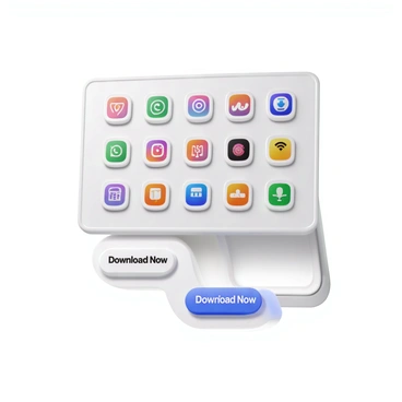 A digital storefront displaying a sleek, modern interface with a variety of floating app icons arranged in a grid. Each app icon is vibrant and visually distinct, featuring different colors and designs that represent various applications. Below the icons, there are prominent download buttons with clear text that reads "Download Now," designed with rounded edges and a contrasting color that draws attention. The background of the storefront is clean and minimalistic, enhancing the visibility of the apps and buttons. The overall composition suggests a user-friendly and dynamic shopping experience for digital applications.