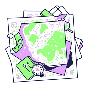 A marque page design is presented, showcasing a collage of vintage maps layered over one another. These maps feature intricate details of various regions and routes, with grid lines and compass roses discernible. Scattered across the maps are explorer's tools, including a brass compass, an old-fashioned magnifying glass, and a leather-bound journal, all positioned artistically to enhance the vintage theme. The collage is framed with a decorative border that complements the overall design.