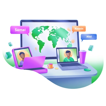 A modern pastel illustration depicting a virtual meeting scenario with team members from different countries. Each member is represented on their own laptop screen. The screens display individuals with diverse appearances, signifying their cultural backgrounds. The setting includes a bright and organized workspace, with elements such as plants and coffee mugs on the desks. The background features a large screen showing a world map with digital connections between locations. Additionally, there are speech bubbles with greetings in various languages, enhancing the theme of international collaboration.