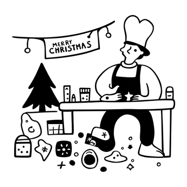 An elf wearing a large chef's hat is standing at a wooden table, meticulously decorating Christmas cookies with icing. The elf is focused on a star-shaped cookie, which is placed in front of him. Surrounding the table are various cookie shapes, including snowflakes and Christmas trees, each decorated with intricate patterns. Several tubes of icing in different designs are scattered across the table alongside sprinkles. The scene is filled with festive holiday elements, such as a small Christmas tree in the background adorned with ornaments and a string of lights. "Merry Christmas" is written on a banner hanging nearby.