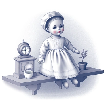 A vintage doll is perched on a wooden shelf. The doll has a porcelain face with intricately painted features, including rosy cheeks and red lips. Its glassy eyes are open and appear to be fixed on the viewer, creating an engaging interaction. The doll is dressed in a delicate lace gown, complete with a matching bonnet. The shelf itself is adorned with other small trinkets, such as a miniature clock and a small potted plant, adding to the nostalgic atmosphere of the scene. The background features a soft texture that suggests a cozy room setting.