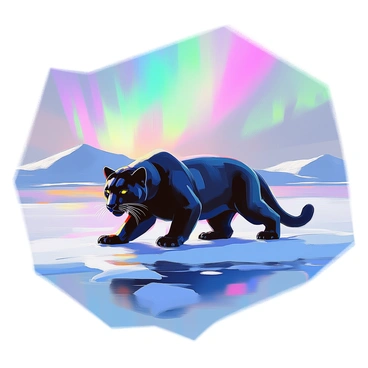 A sleek black panther is gracefully crawling over the shimmering frozen tundra, its muscular body poised and alert. The snow beneath it glistens with a soft blue and white hue, reflecting the light from above. The sky is filled with vibrant northern lights, swirling shades of green, purple, and pink illuminating the night. The panther's piercing yellow eyes are focused ahead, contrasting with the snowy landscape. In the distance, gentle hills can be seen, creating a sense of vastness in the arctic environment.
