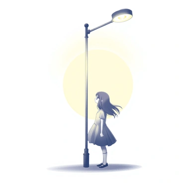 A girl is standing beneath a streetlight. The light casts a gentle glow around her, creating a soft silhouette against the night. She has long hair that lightly sways, and she is wearing a flowing dress that moves with the breeze. The streetlight is tall and casts a warm circle of light on the ground. The surrounding area is simple and uncluttered, emphasizing the girl's presence and the play of light and shadow around her.