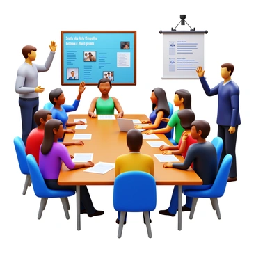 A community meeting setting with a long table surrounded by diverse individuals engaged in discussion. People are seated and standing, some raising their hands to speak. Various documents and a laptop open on the table, displaying information about scholarship programs. In the background, a bulletin board filled with success stories and photos of recipients hangs on the wall. A projector shows a presentation about the benefits of scholarships. The atmosphere is focused, with expressions of enthusiasm and collaboration among the participants.