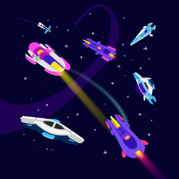 A thrilling space battle featuring multiple futuristic spaceships engaged in combat. Each ship has sleek, angular designs with glowing elements in vibrant colors. Lasers are being fired from the ships, creating bright beams of light that cut through the darkness. The background is filled with countless stars, twinkling against the vastness of space. Some ships are maneuvering swiftly, while others are positioned in a standoff, emphasizing the intensity of the battle.