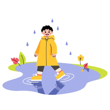 A child wearing a bright yellow raincoat stands at the edge of a puddle. The child's expression shows excitement as they prepare to leap into the water. Their reflection is clearly visible in the puddle, capturing the playful moment. Raindrops gently fall around, creating ripples in the surface of the puddle. The scene is framed by green grass and a few colorful autumn leaves scattered nearby.