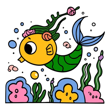 A cartoon fish with bright colors and large, expressive eyes is dressed as a mermaid. The fish has long, flowing hair, adorned with seashells and seaweed. Its shimmering tail has vibrant scales that reflect light in shades of blue and green. The fish is playfully swimming through a vibrant underwater scene filled with colorful coral and bubbles, showcasing its mermaid outfit.