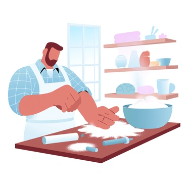 A baker is in a cozy bakery, demonstrating the process of kneading dough for fresh bread. The baker is wearing a white apron and has flour dusting the sleeves of a checkered shirt. The work surface is made of wood and is covered with a generous amount of flour. Next to the baker, there is a large bowl filled with dough, which is rising and has a slightly shiny surface. Various tools are scattered around, including a rolling pin, measuring cups, and a small brush. In the background, there are shelves filled with different types of bread and pastries, adding to the warm atmosphere of the bakery. A window allows soft, natural light to illuminate the scene, enhancing the inviting ambiance.