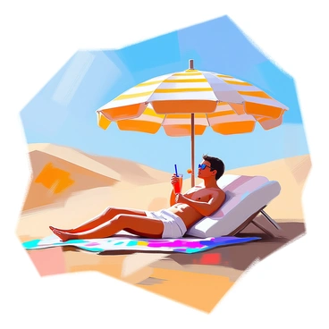 A sunbather with light skin and sunglasses is reclining on a colorful beach towel spread on the warm sand, positioned under a large, striped beach umbrella providing shade. The surrounding desert features rolling dunes and sparse vegetation, with bright sunlight creating strong contrasts in the landscape. The sunbather is sipping from a refreshing drink held in one hand, while the other is resting comfortably on their stomach. In the background, the clear blue sky extends endlessly, enhancing the tranquil atmosphere of this unique desert setting.