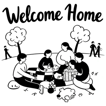 A family gathered on a checkered blanket in a park, with a picnic basket open, displaying various food items. The children are playing with a frisbee nearby, while one parent is pouring lemonade into cups. A dog is lying on the blanket, looking content. In the background, trees provide shade, and a few people are walking in the distance. The words "Welcome Home" are displayed in a playful font above the scene.