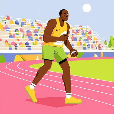 Usain Bolt is standing on a vibrant running track, wearing a fitted athletic outfit with bright colors. His muscular build is evident as he prepares for his sprint. In his right hand, he is holding a sleek stopwatch, glancing at it intently. Behind him, the bleachers are filled with cheering fans, adding to the excitement of the moment. The sun is shining brightly, casting shadows on the track as Bolt’s focused expression conveys determination and readiness.