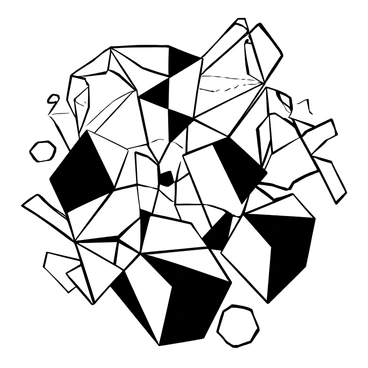 A collection of geometric origami shapes, including triangles, squares, and hexagons, arranged in a flowing pattern. The shapes are intertwined and layered, creating a sense of depth and movement. Some shapes are folded tightly, while others are loosely formed, adding variety to their appearance. The composition is dynamic, with intersecting lines and angles that draw the eye throughout the piece. The background features additional folded paper textures, enhancing the overall abstract quality of the art piece.