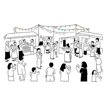 A bustling cultural festival scene filled with various food stalls, each displaying different types of food items. There are people of different ages and backgrounds interacting joyfully, some sampling food and others chatting. In the center, a traditional dance performance is taking place, with dancers wearing intricate costumes and moving in coordinated steps. The atmosphere is lively as festival-goers are seen clapping and cheering for the performers. Decorations such as colorful banners and hanging lights add to the festive mood.