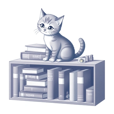 A curious tom kitten is perched on a wooden bookshelf. The kitten has fluffy fur and large, inquisitive eyes, gazing downwards. Surrounding the kitten are stacks of various books, some standing upright while others are leaning against each other. The spines of the books are varied, featuring different titles and patterns. The bookshelf itself has a rich texture, with visible grains of wood, and there are a few small trinkets placed among the books, adding to the cluttered yet cozy atmosphere.