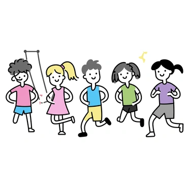 A group of five children, all smiling, are doing jumping jacks on a playground. The first child, a girl with curly brown hair, is wearing a red T-shirt and blue shorts. The second child, a boy with short black hair, is dressed in a green tank top and yellow pants. The third child, a girl with straight blonde hair tied in a ponytail, is wearing a pink dress with white leggings. The fourth child, a boy with glasses and sandy hair, is in a blue T-shirt and gray shorts. The fifth child, a girl with dark hair in braids, is wearing a purple T-shirt and black shorts. They are surrounded by playground equipment, including a swing set and a slide, on a sunny day.