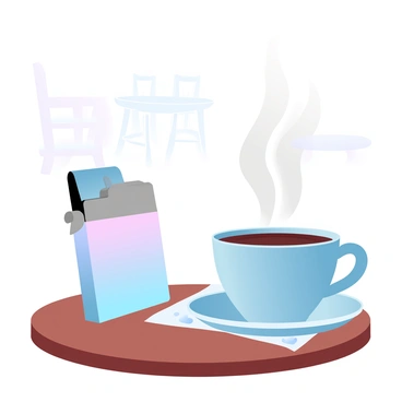 A stylish lighter is placed on a wooden cafe table. Next to it, there is a steaming cup of coffee, with wisps of steam rising from the surface. The table is adorned with a small decorative napkin beneath the cup. In the background, there are blurred outlines of a cozy cafe setting, with hints of other tables and chairs.