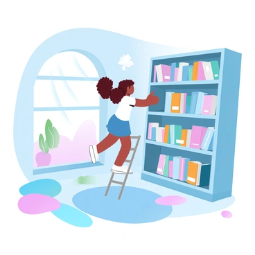 A little girl with curly hair is standing on a small ladder in a colorful library. She is reaching up to a shelf filled with books of various sizes and vibrant covers. The library's walls are painted in bright hues, creating an inviting atmosphere. There are large windows letting in natural light, illuminating the rows of books. Colorful rugs and cushions are scattered on the floor, inviting children to sit and read. A few playful illustrations of animals and trees are visible on the walls, enhancing the cheerful environment.