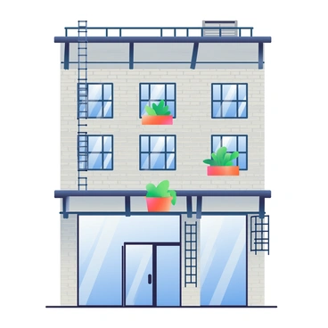 A modern urban loft apartment building facade features large, multi-pane windows that reflect sunlight. The structure has exposed metal beams showcasing its industrial style. The brick exterior is painted in a light gray color, with hints of weathering adding character. Potted plants are placed on individual balconies, adding touches of greenery. A fire escape ladder is visible on the side of the building, enhancing the urban feel. The entrance is framed by a sleek glass door, inviting residents and visitors alike.