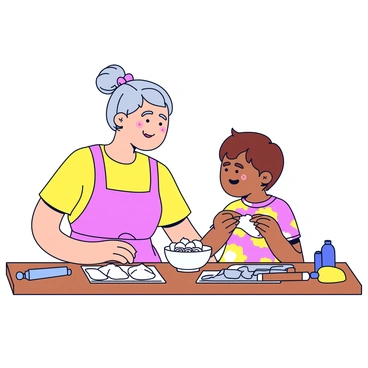 A grandmother with gray hair tied in a bun is sitting at a wooden table. She is wearing a bright floral apron and has a warm smile on her face. In front of her, there is a bowl filled with dumpling filling and a stack of dumpling wrappers. A young grandchild, with short brown hair and wearing a colorful t-shirt, is sitting beside her, eagerly watching. The grandchild is holding a dumpling wrapper and looks focused on the grandmother's instructions. The scene captures the two of them sharing a special moment in the kitchen, surrounded by various kitchen utensils and a rolling pin.